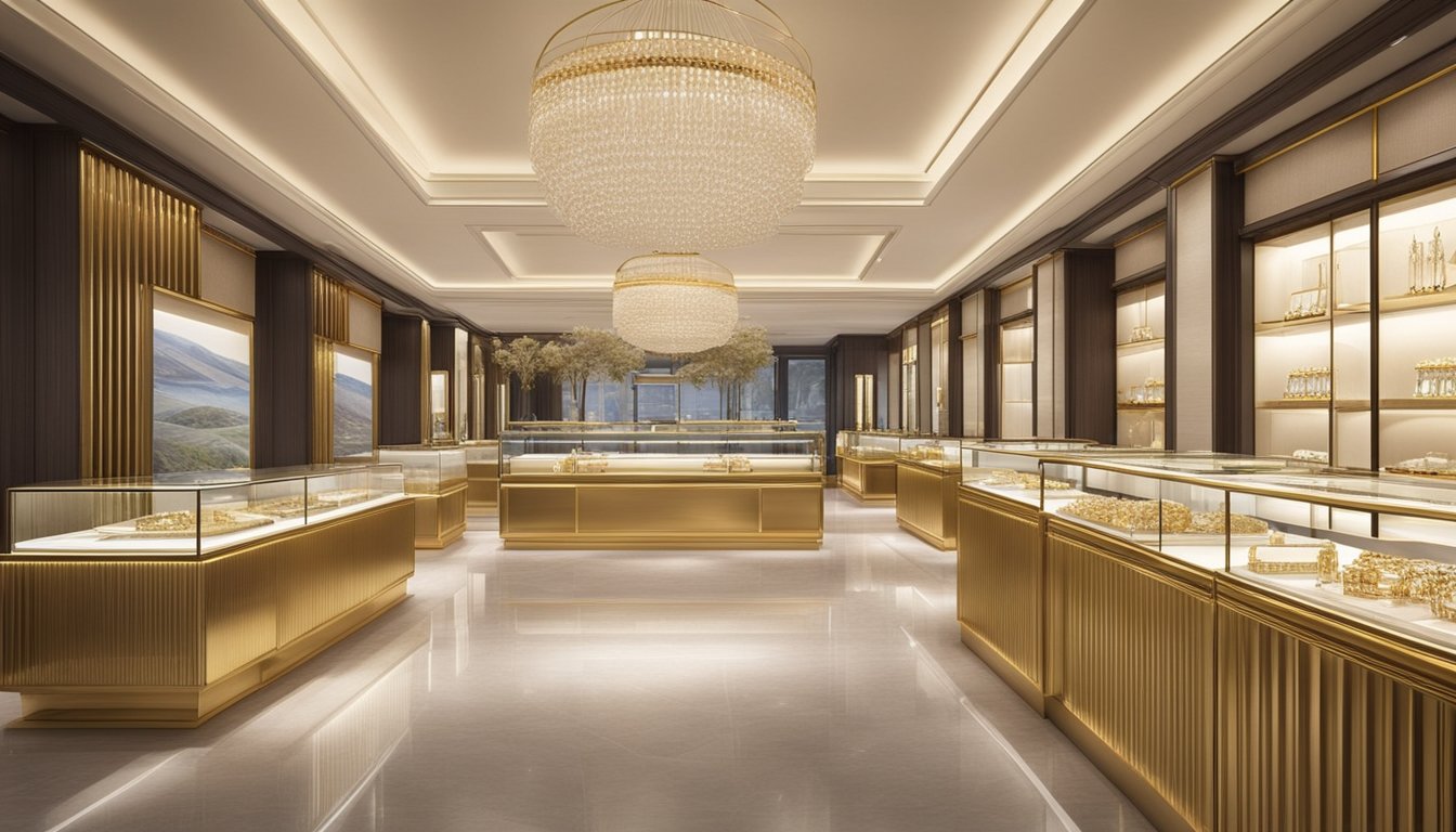 A luxurious jewelry store in Singapore showcases 18k gold pieces, gleaming under the bright display lights. The elegant display cases and sophisticated interior design exude an atmosphere of opulence and exclusivity