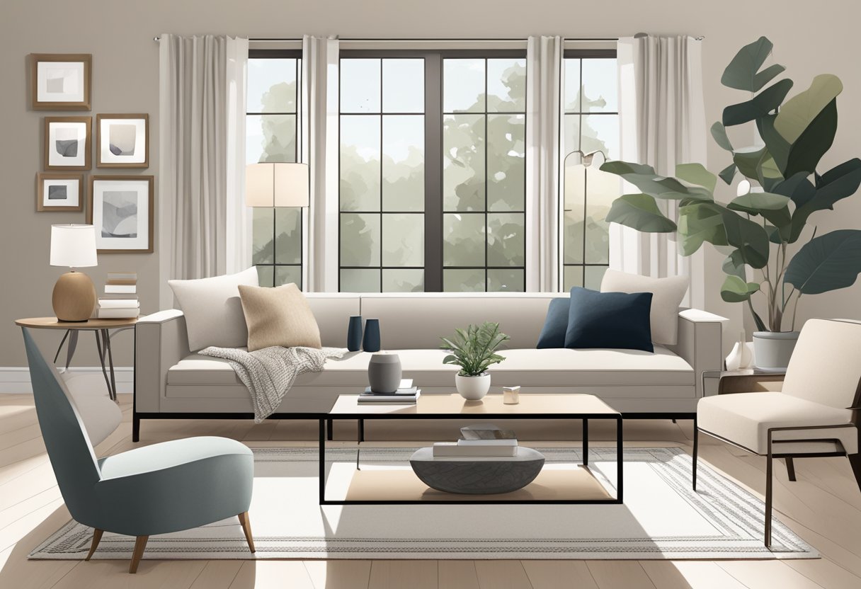 A modern living room with sleek furniture, neutral color palette, and natural lighting. A designer's mood board and fabric swatches are displayed on a stylish coffee table