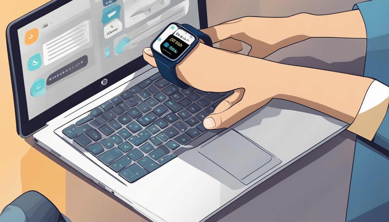 A hand reaches for a smart watch on a computer screen. A "buy now" button is highlighted