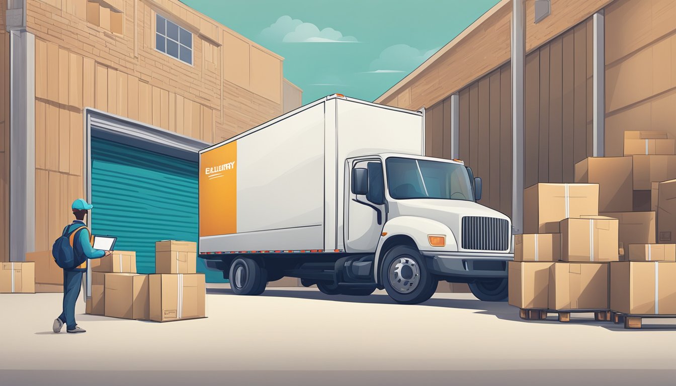 A customer clicks "buy now" on a website, while a delivery truck waits outside a warehouse filled with packing boxes