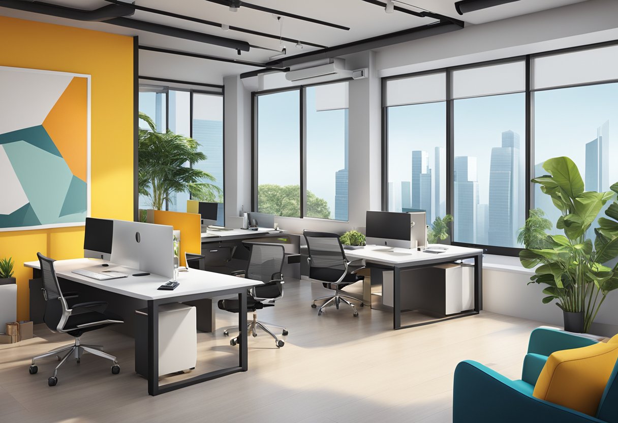 A modern office space with sleek furniture and vibrant accent colors, showcasing the work of top interior design firms in Singapore