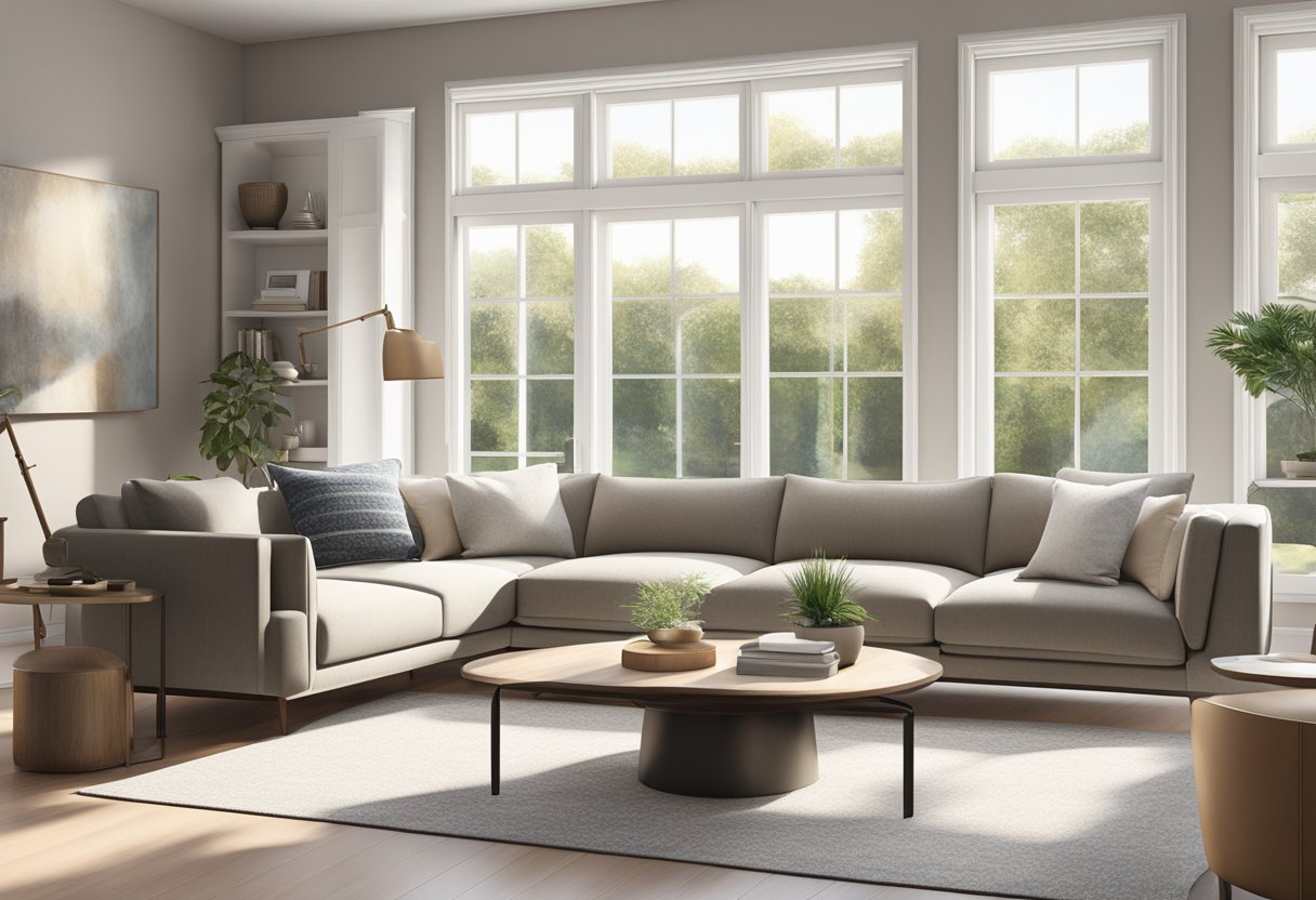 A modern living room with sleek furniture, neutral color palette, and plenty of natural light streaming in through large windows
