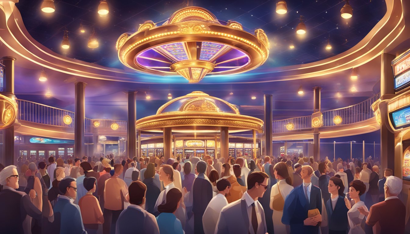 A bustling casino with a grand entrance, bright lights, and a crowd of people eagerly seeking entertainment and fortune