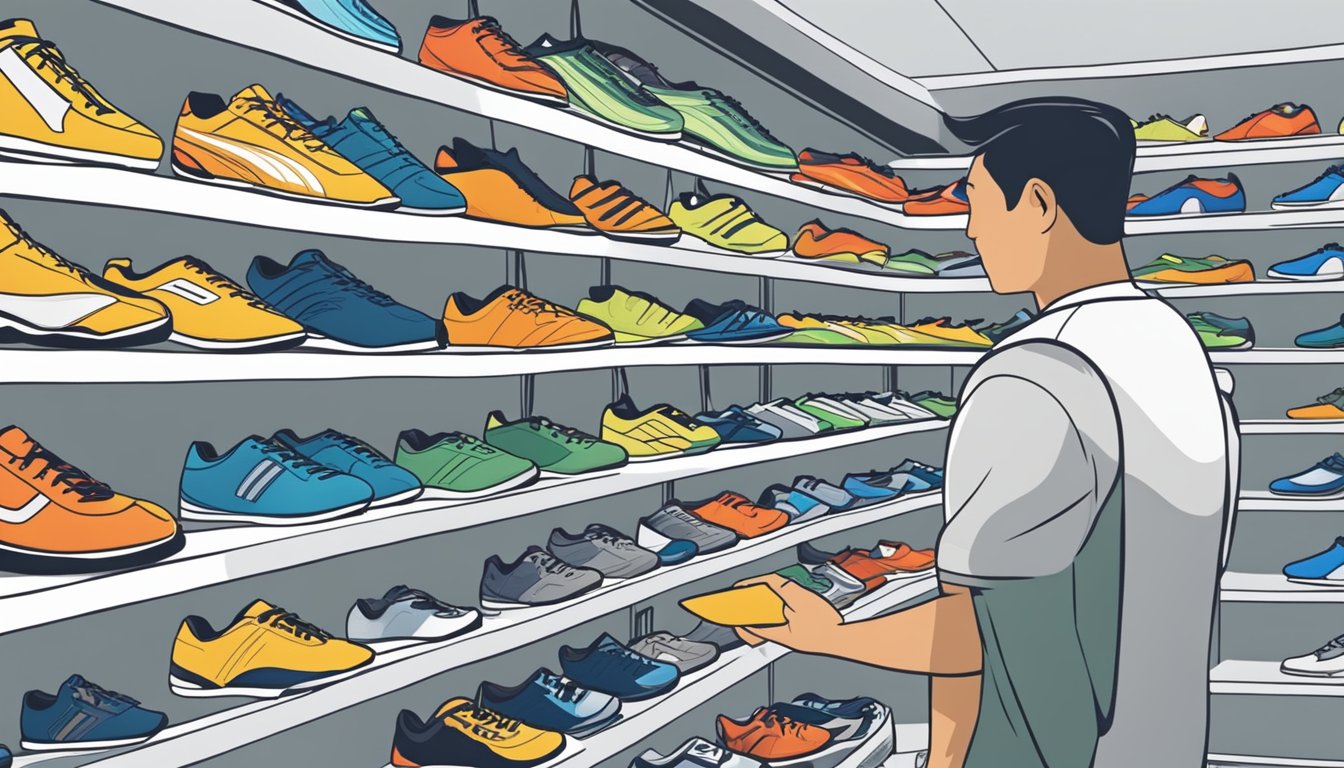 A customer confidently selects a pair of fencing shoes from a display at a sports store in Singapore. The bright and organized store layout highlights the various options available