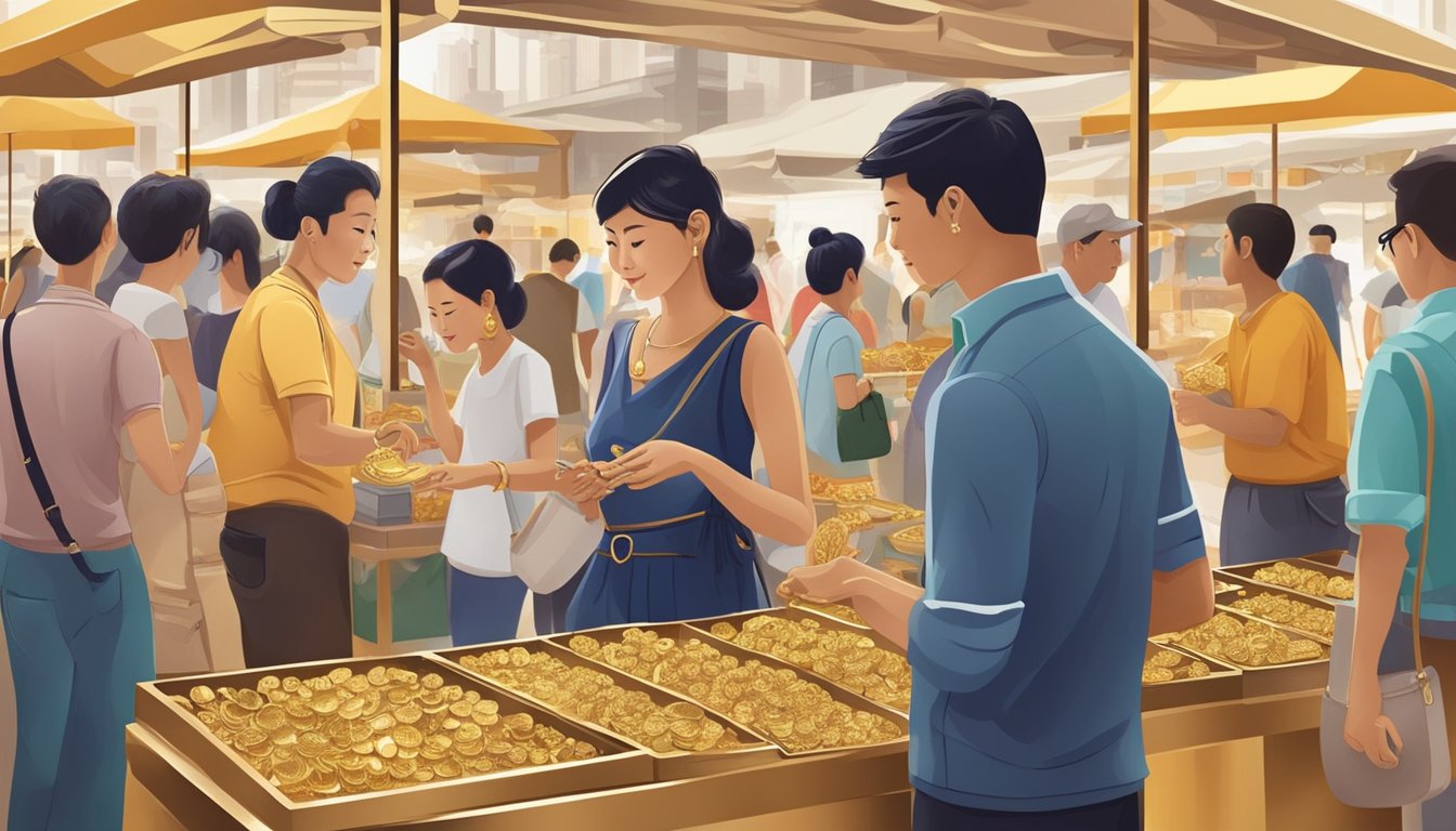 A bustling Singapore market with 18k gold jewelry on display, showcasing various designs and styles. Shoppers and sellers engaged in conversation, highlighting the popularity of gold investment in the city