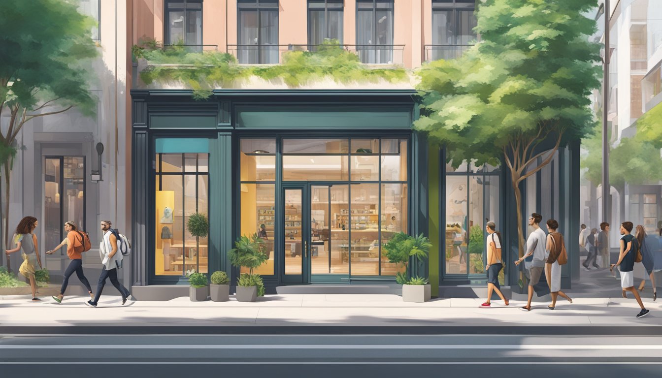 A vibrant storefront with the "vivobarefoot" logo prominently displayed. The store is surrounded by modern buildings and lush greenery, with a steady stream of pedestrians passing by