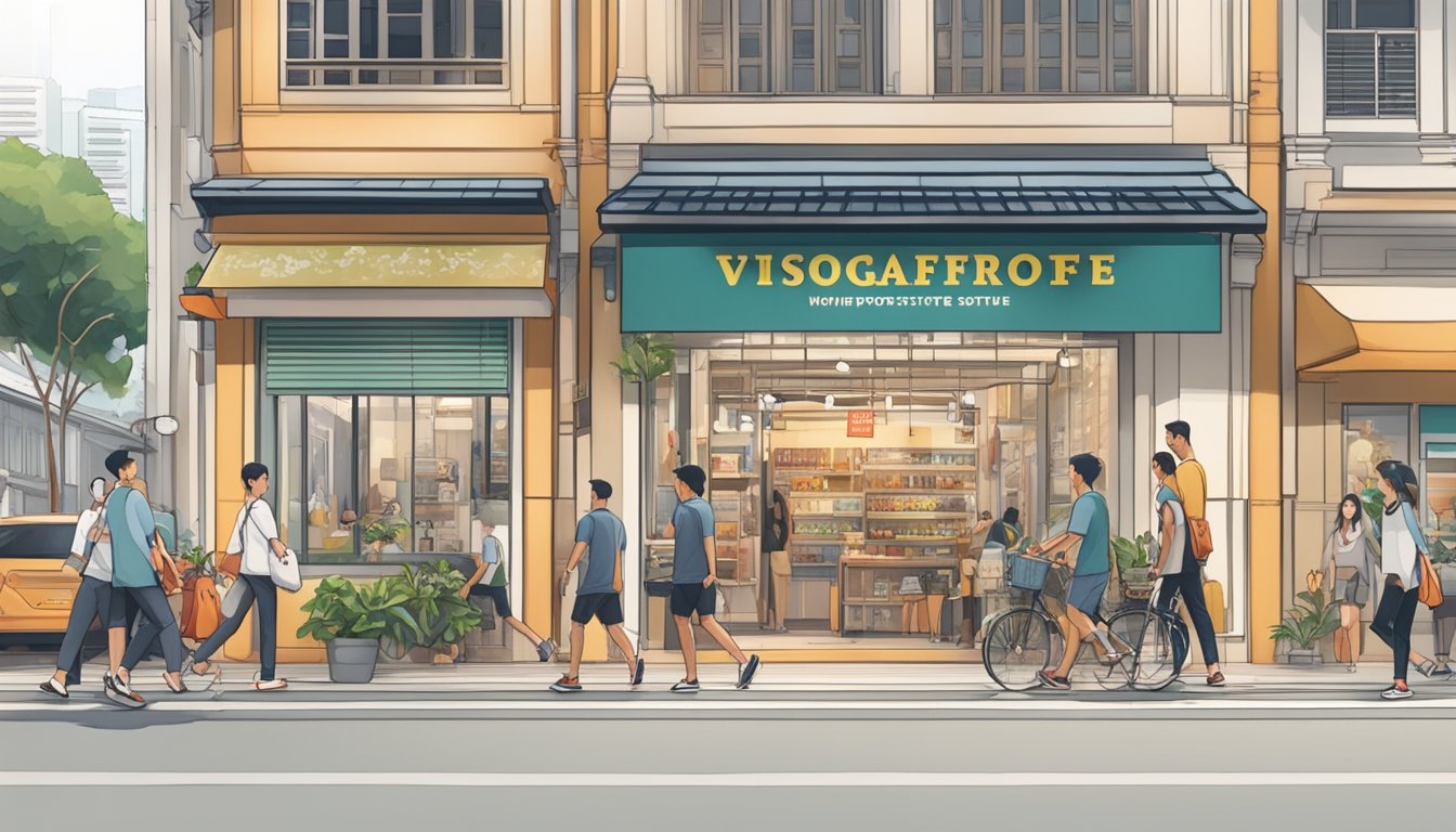 A bustling Singapore street with a prominent sign for Vivobarefoot store, surrounded by other shops and pedestrians