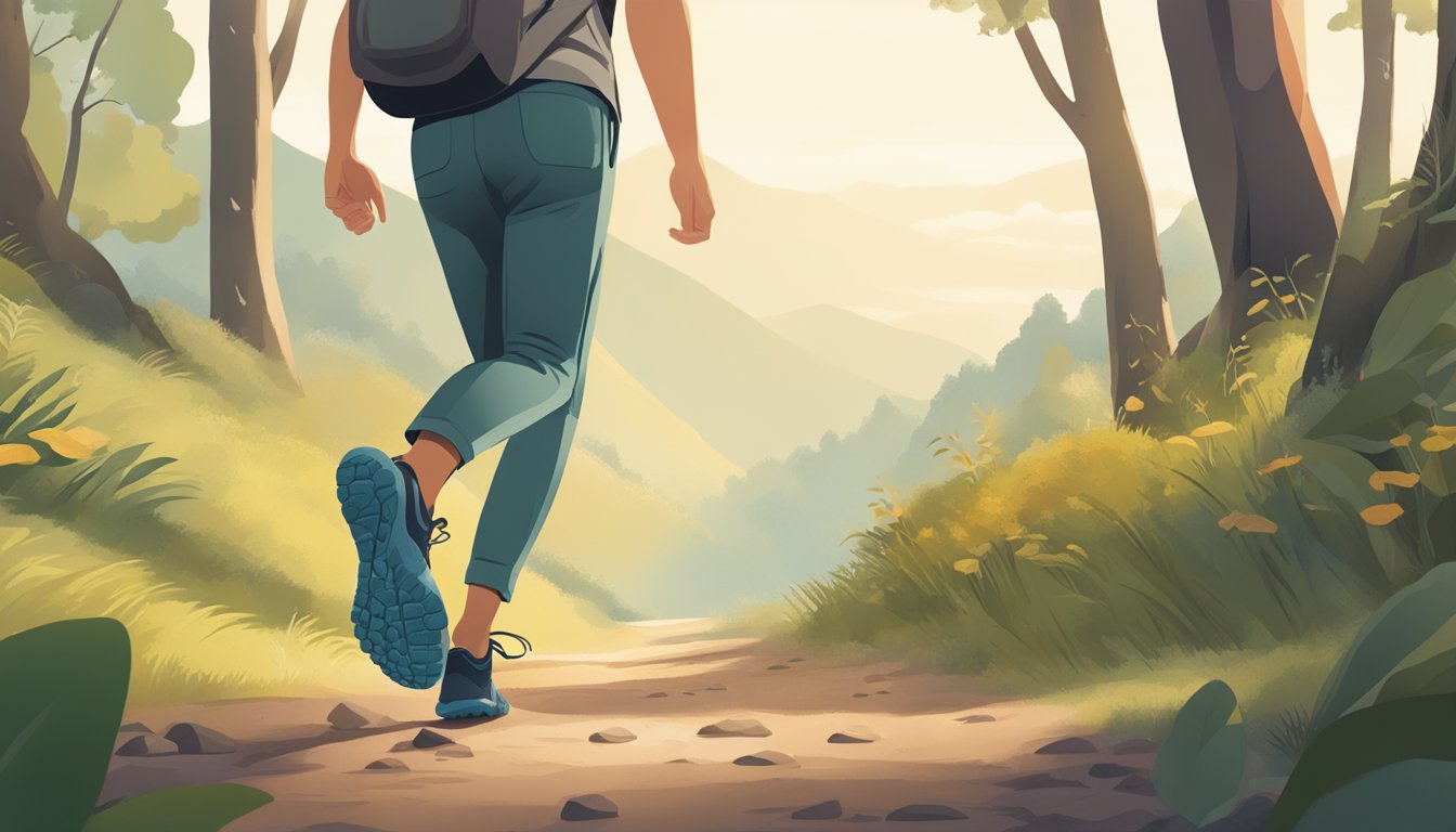 A person walking comfortably in nature wearing Vivobarefoot shoes, feeling connected to the ground and experiencing the benefits of natural movement