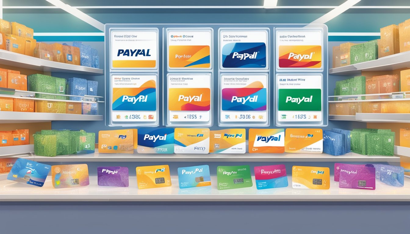 A colorful display of PayPal gift cards at a Singaporean retail store, with clear signage indicating their availability for purchase