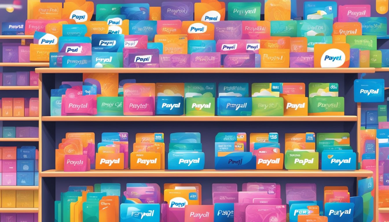 A colorful display of PayPal gift cards at a Singaporean retail store. Bright signage and shelves filled with various denominations