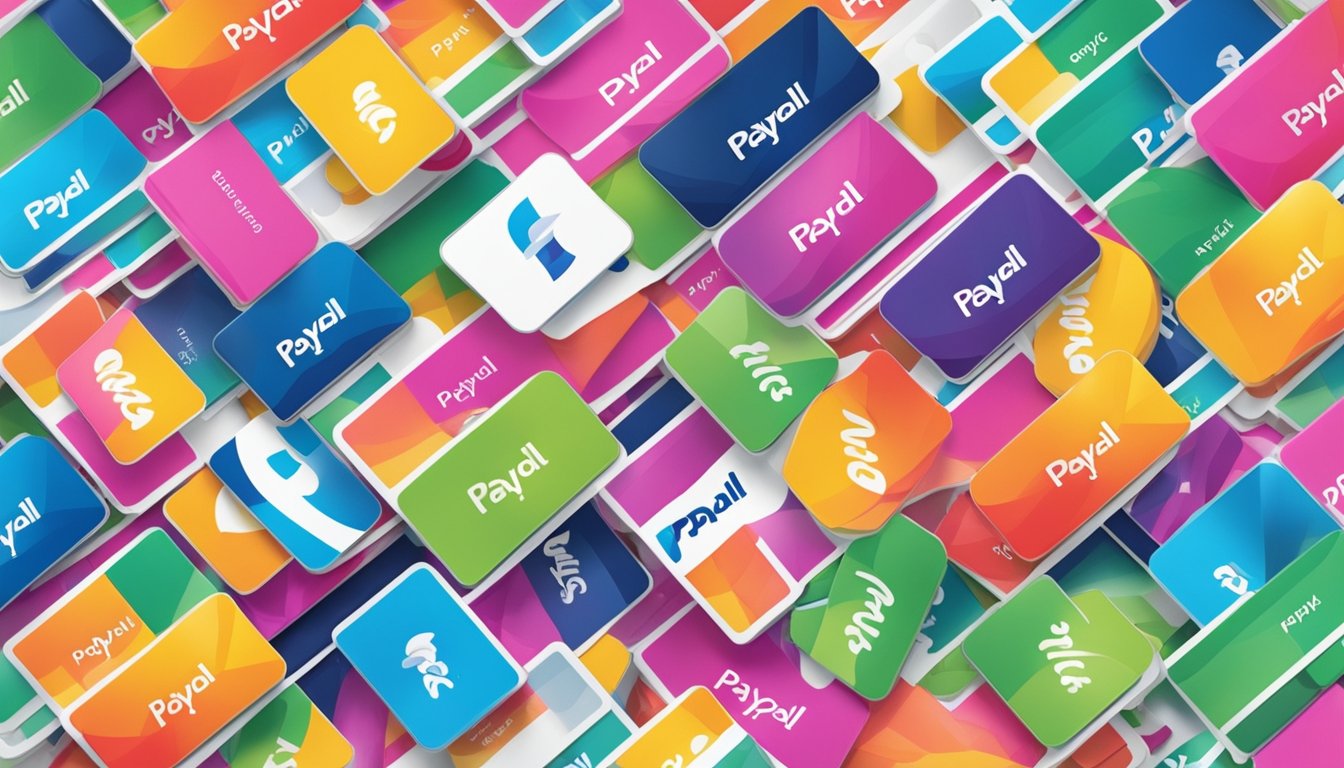 A colorful display of PayPal gift cards at a retail store in Singapore, with a prominent sign indicating their availability