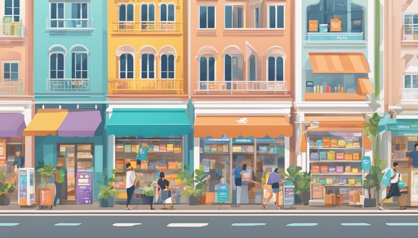 A bustling Singapore street with prominent gift card displays in various shops. PayPal logos and signage are visible