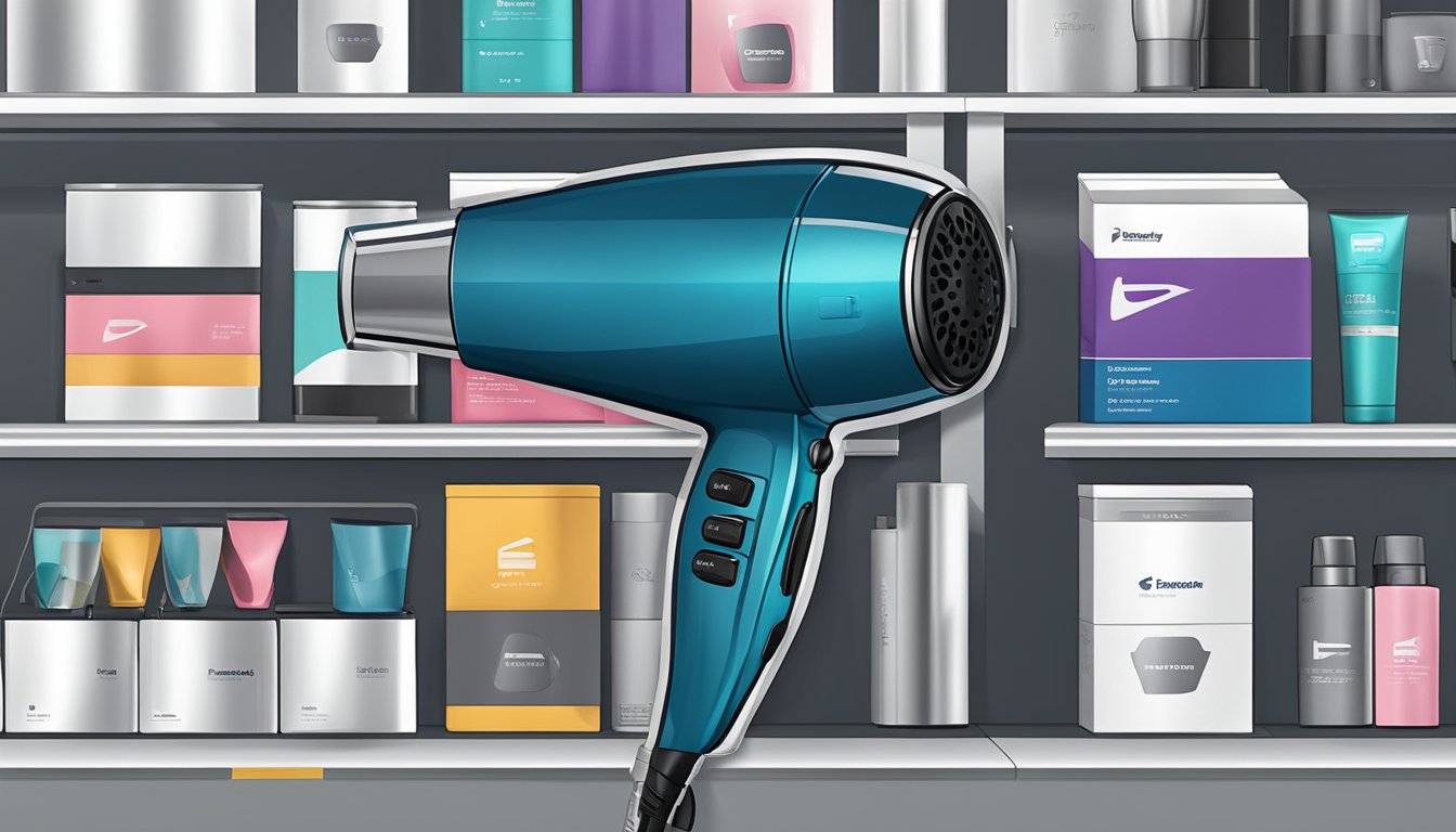 A sleek, modern hair dryer sits on a store shelf at Best Buy, with the Panasonic logo prominently displayed