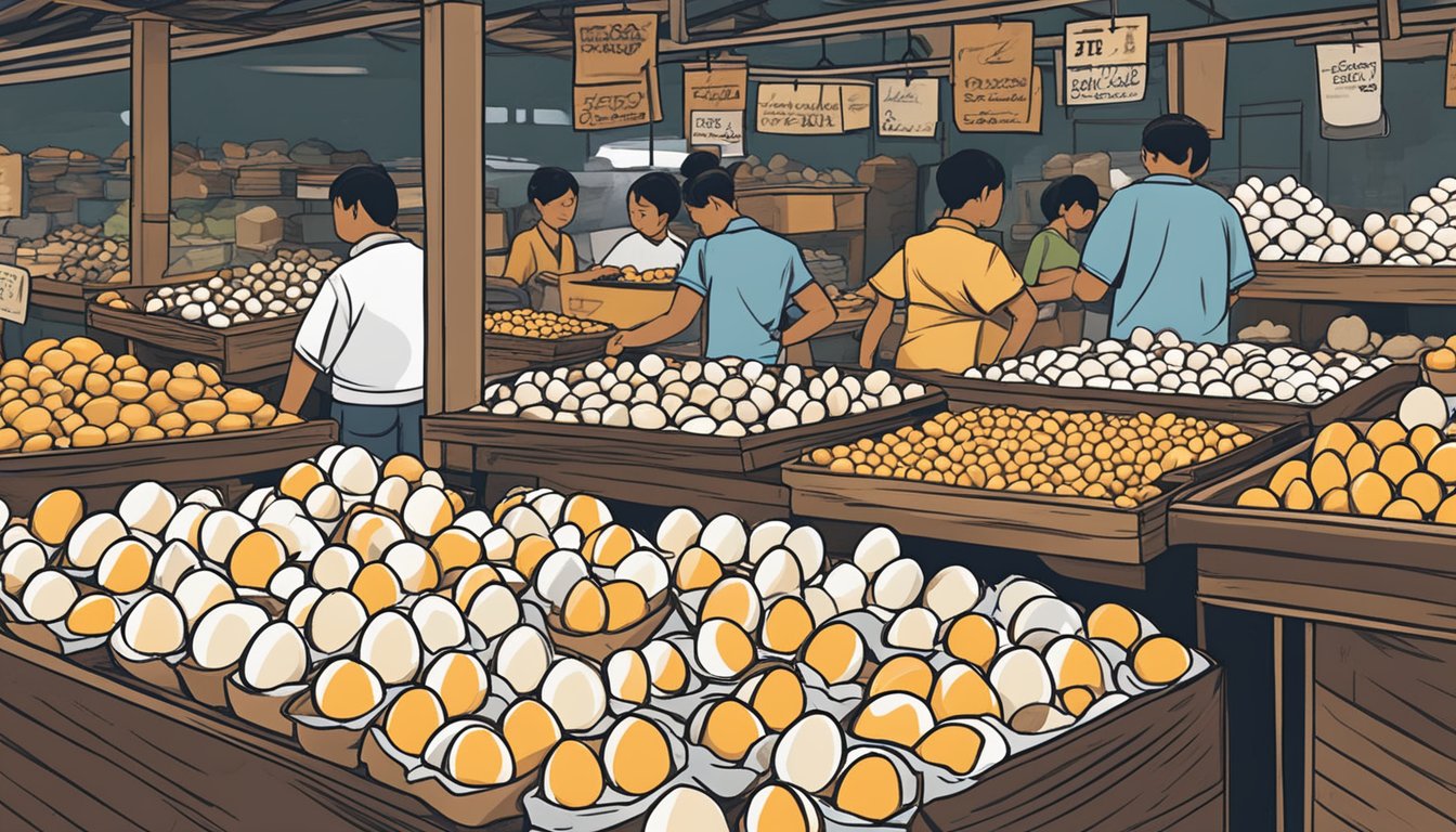 A bustling market stall displays a variety of fresh duck eggs in Singapore, with a sign proudly proclaiming their availability