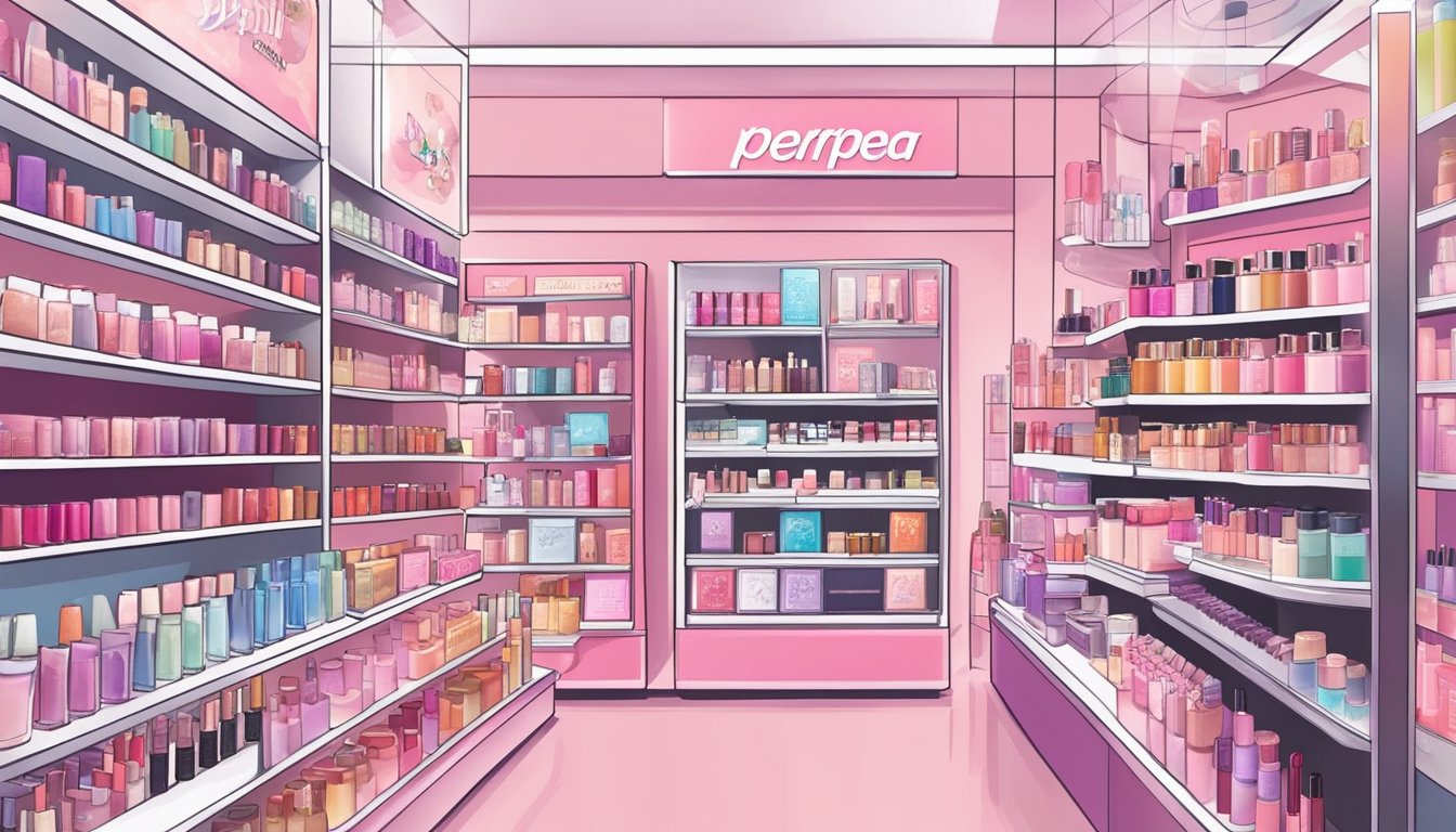 A colorful display of Peripera products in a well-lit cosmetics store in Singapore. Shelves neatly stocked with various makeup items, with prominent branding and signage