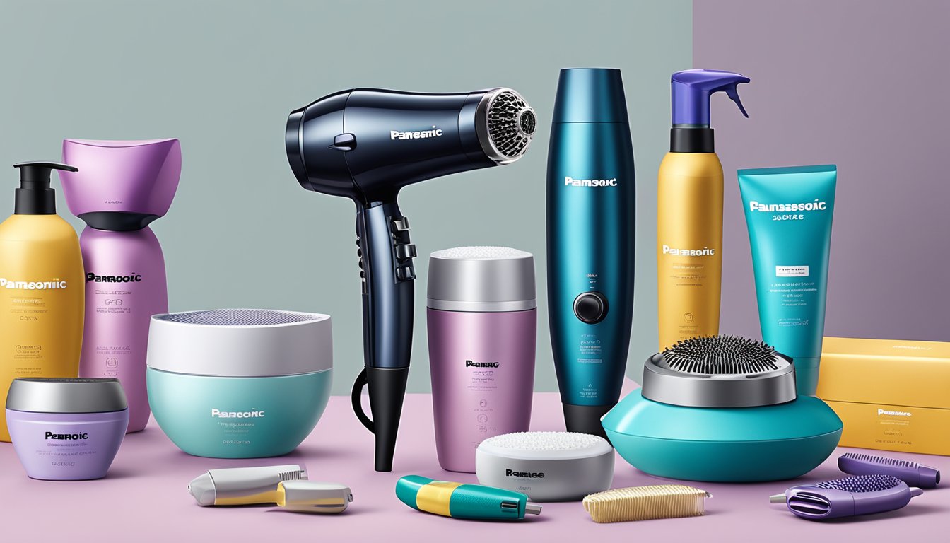 A sleek, modern Panasonic hair dryer on display at Best Buy, surrounded by a variety of hair care products and accessories