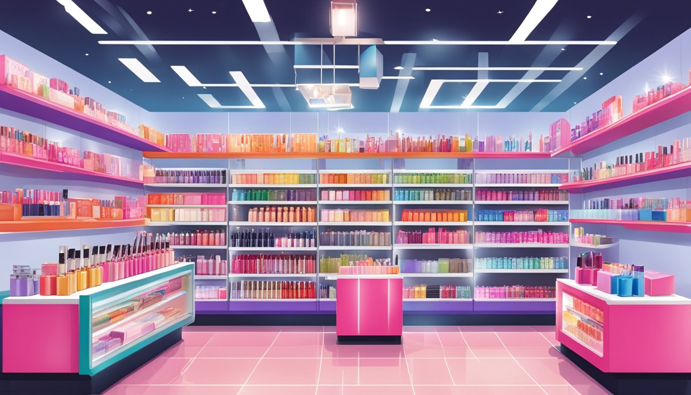 A brightly-lit cosmetics store in Singapore displays a wide range of Peripera products on sleek, modern shelves. The vibrant packaging and bold colors catch the eye of passing shoppers