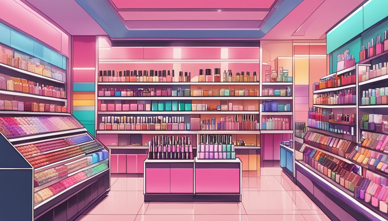 A colorful display of Peripera's products arranged neatly on shelves, with vibrant lipstick tubes, cute blush compacts, and trendy eyeshadow palettes catching the eye. A sign above the display indicates the availability of Peripera products in Singapore