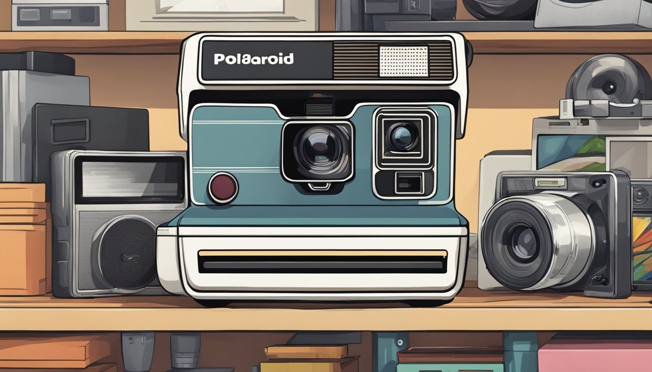 A polaroid instant camera sits on a shelf at Best Buy, surrounded by other electronic gadgets and accessories