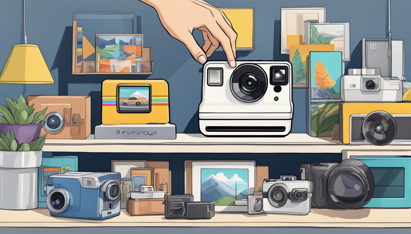 A hand reaches out to pick up a Polaroid instant camera from a display at Best Buy, surrounded by various camera models and accessories