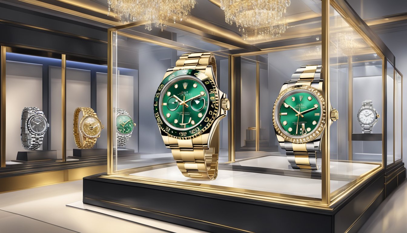 A luxurious Rolex watch displayed in an elegant showcase at a high-end jewelry store, surrounded by soft spotlights and polished glass