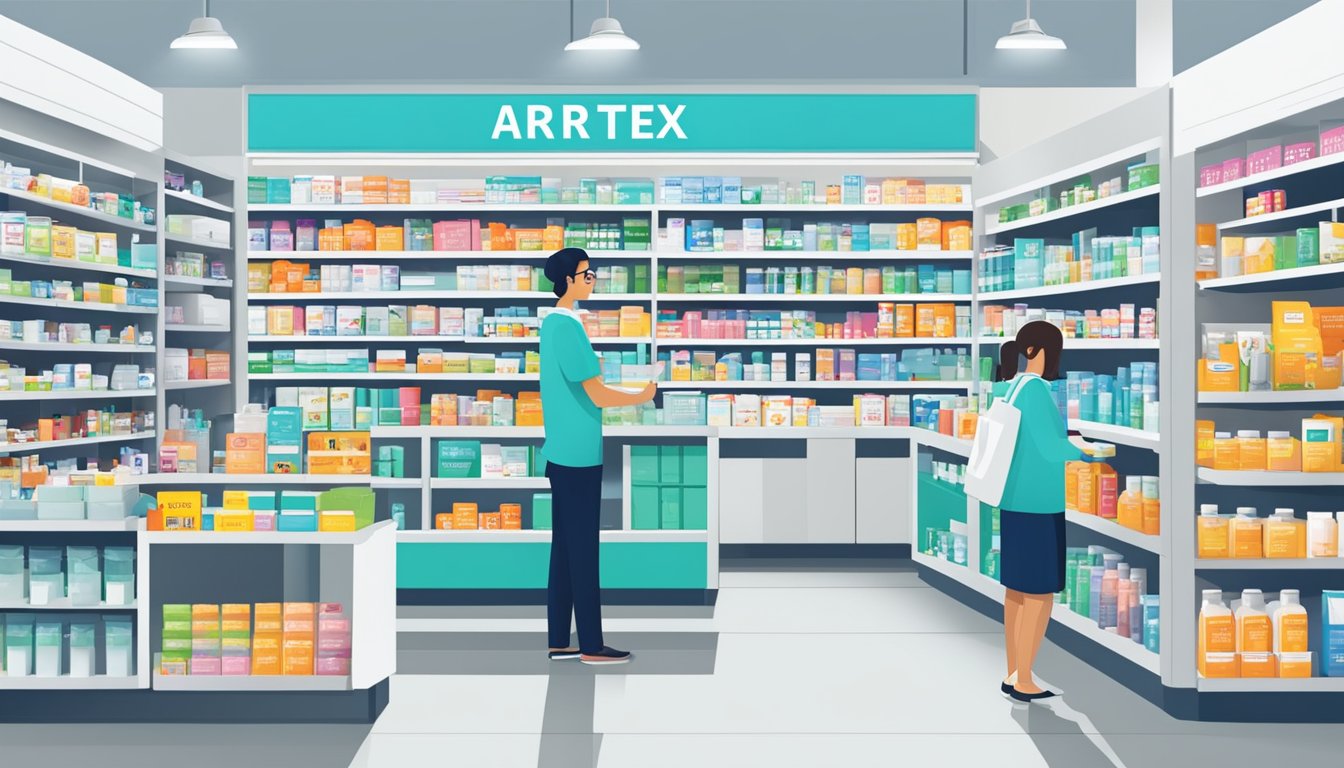 A busy pharmacy in Singapore displays shelves of Artrex products with a prominent sign. Customers browse the selection, and a pharmacist assists at the counter