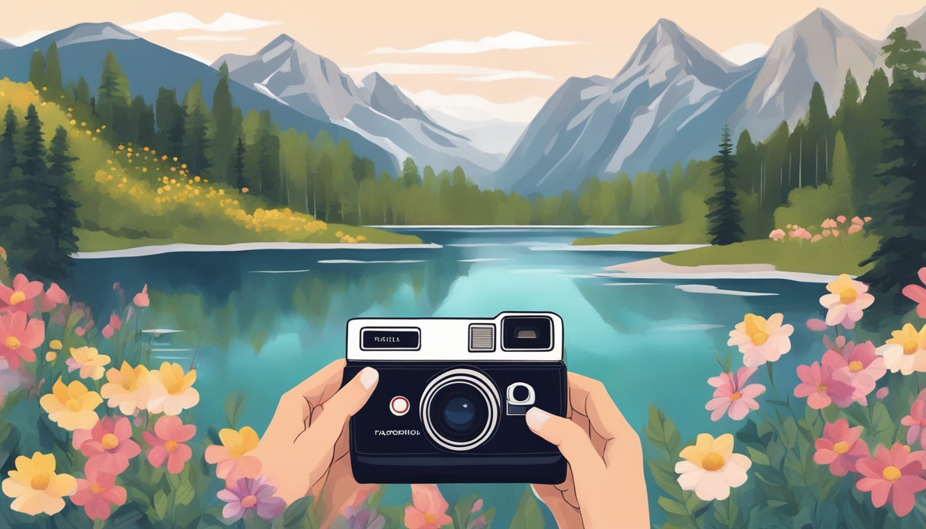 A hand holds a Polaroid instant camera, capturing a scenic view with mountains and a lake in the background, surrounded by trees and flowers