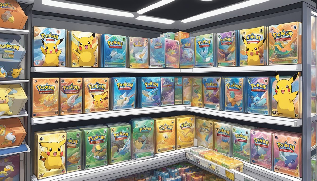A display of Pokemon cards in a Singapore store, with shelves lined with colorful packs and various card sets