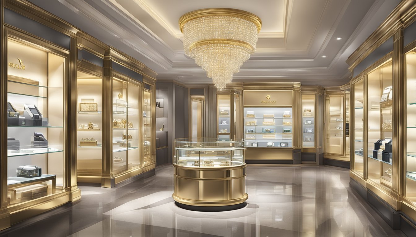 A luxurious watch boutique displays a gleaming Rolex timepiece, surrounded by elegant lighting and polished glass showcases