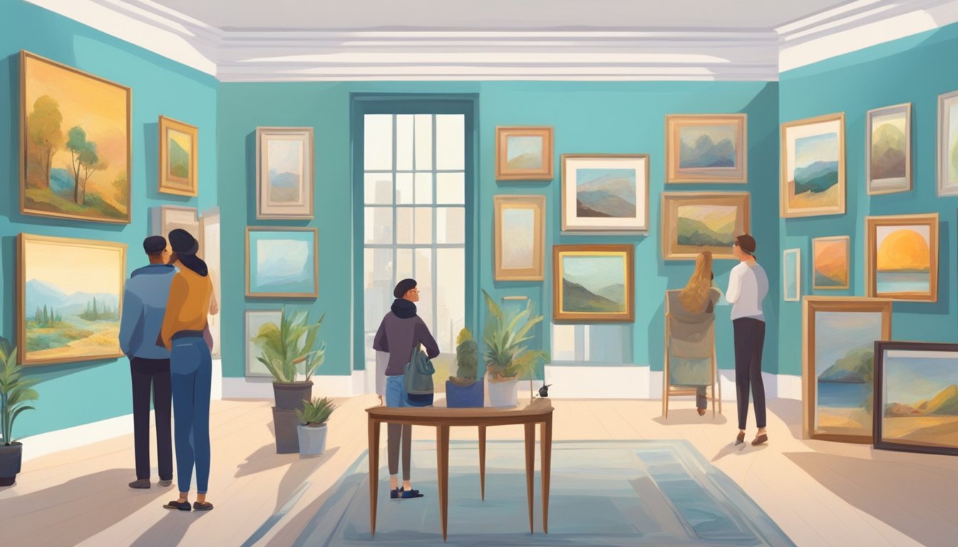 A bright, spacious art gallery with diverse collections. Visitors admire paintings, sculptures, and prints. A friendly staff member assists a customer