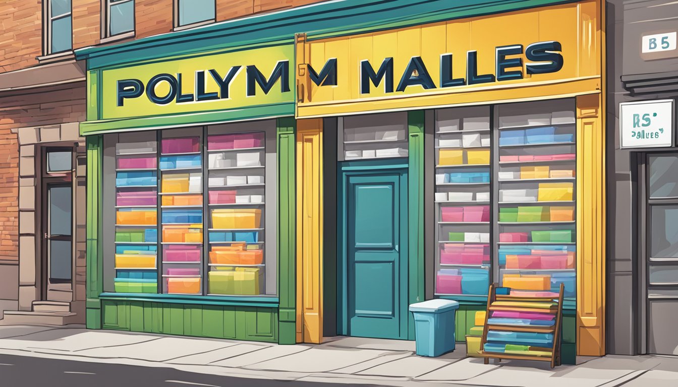 A storefront with shelves of poly mailers in various sizes and colors, a sign displaying "Poly Mailers for Sale" in bold letters
