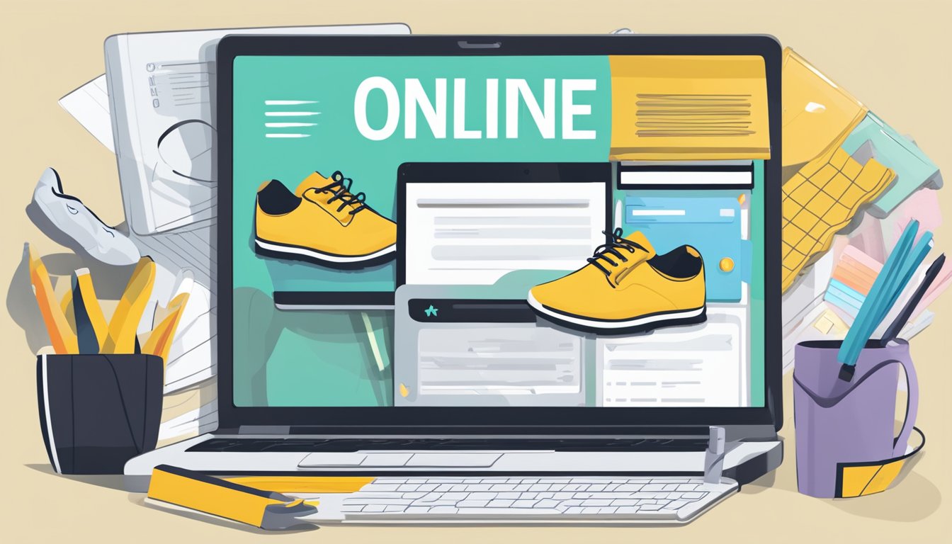 A laptop displaying various shoe options on a website, with a credit card and measuring tape nearby. A notepad with "Online Shoe Shopping Tips" written on it