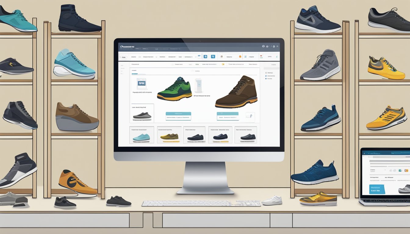 A computer screen displaying various shoe options with price comparisons and customer reviews. A secure payment method logo is visible at the bottom of the page