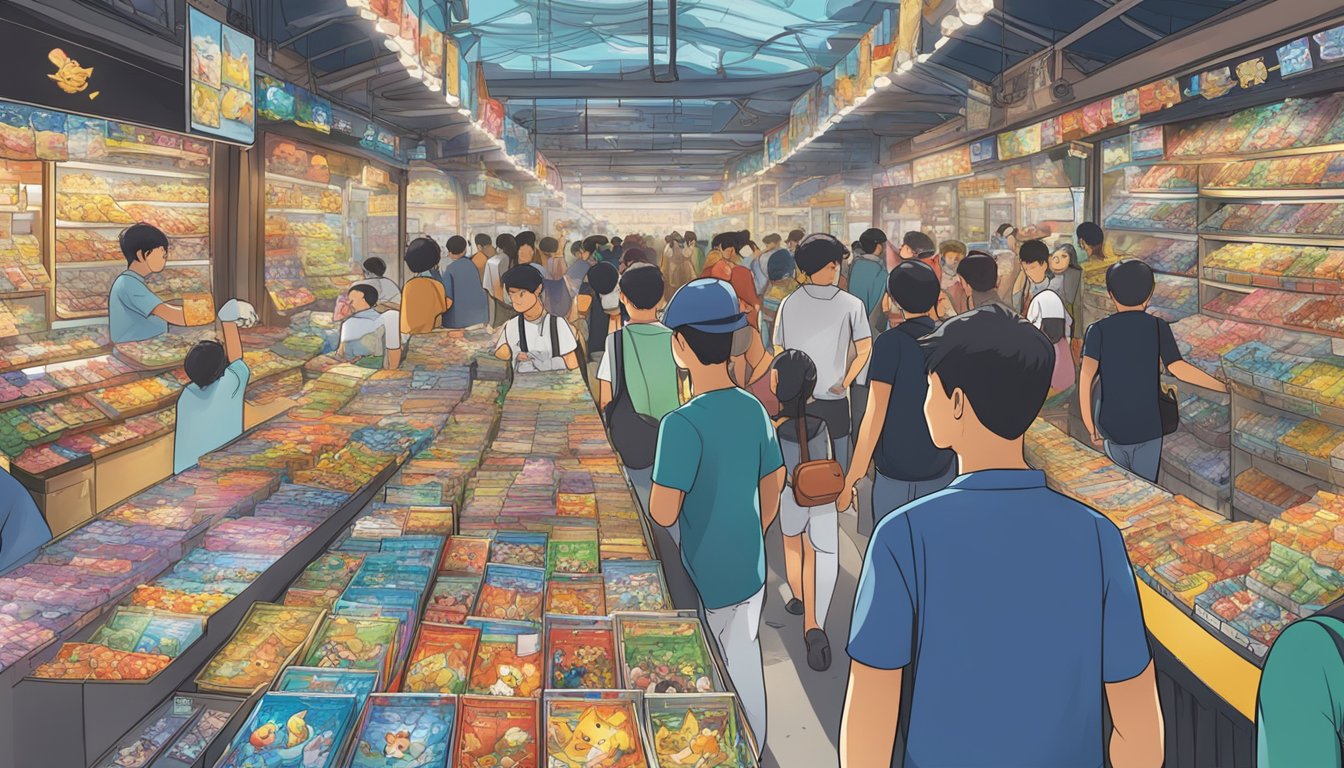 A bustling Singaporean market stall displays a colorful array of Pokémon cards for sale. Shoppers browse the selection, eager to add to their collections