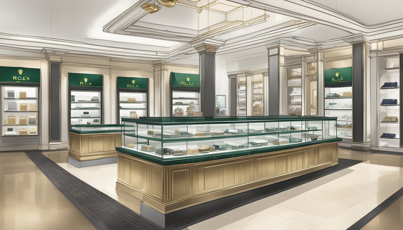 A luxurious watch store with a display of Rolex timepieces and a sign reading "Frequently Asked Questions: Where is the best place to buy a Rolex?"
