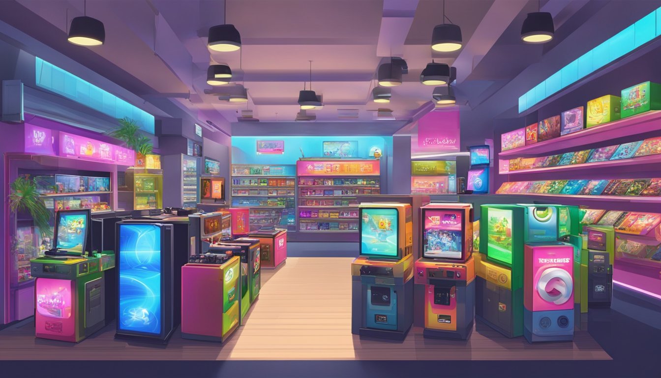 Vibrant retail shops in Singapore showcase game consoles. Displays feature the latest models and accessories. Bright signage and attractive packaging draw in customers