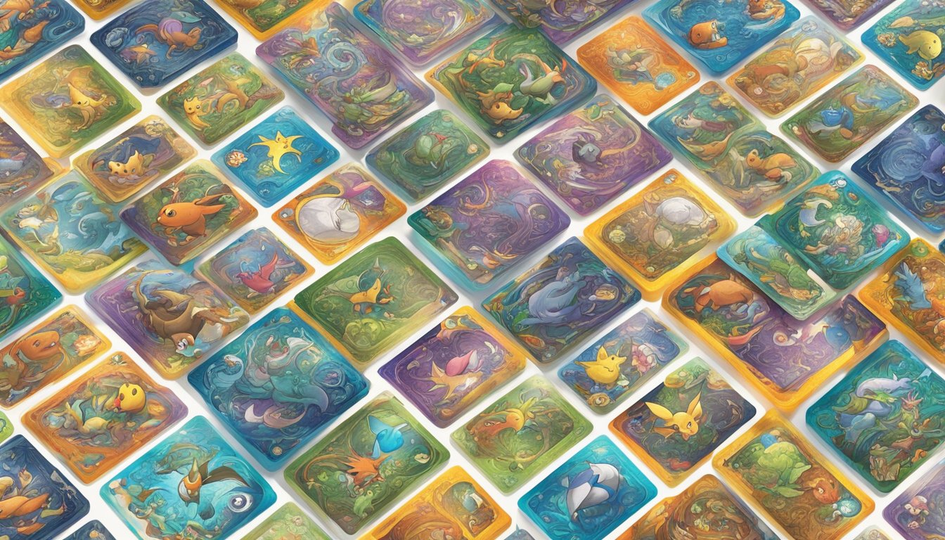 A collection of Pokémon cards spread out on a table, with a variety of colorful and intricate designs. A hand reaches out to flip through the cards, showcasing the excitement of collecting