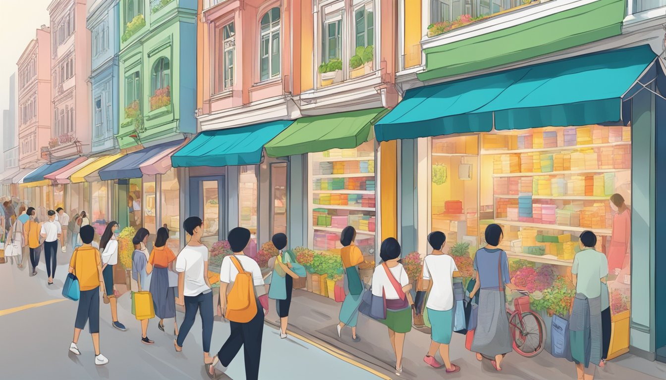 A bustling street in Singapore with colorful storefronts displaying various sizes of poly mailers. Customers browse and purchase from vendors