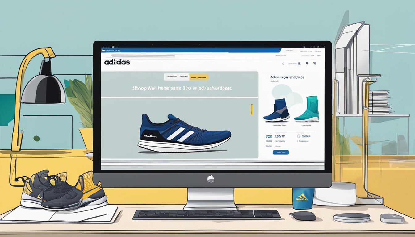 A computer screen displaying the Adidas website with a variety of products and a "Shop Now" button