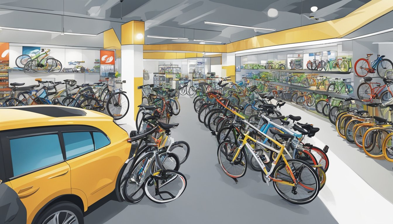 A bustling bicycle shop in Singapore displays a variety of Raleigh bikes, with colorful frames and sleek designs, attracting customers