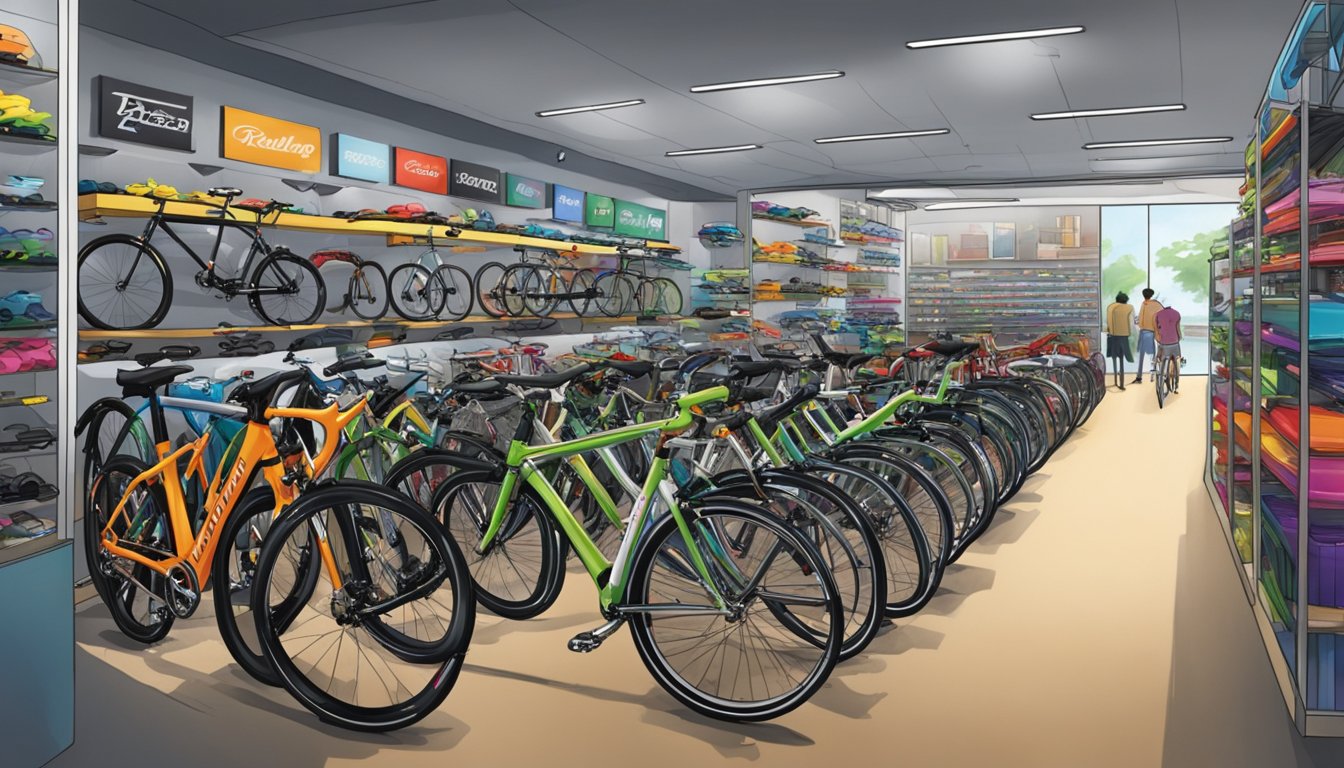 A bustling bicycle shop in Singapore displays a variety of Raleigh bikes, with colorful frames and sleek designs, attracting customers with its top-notch selection
