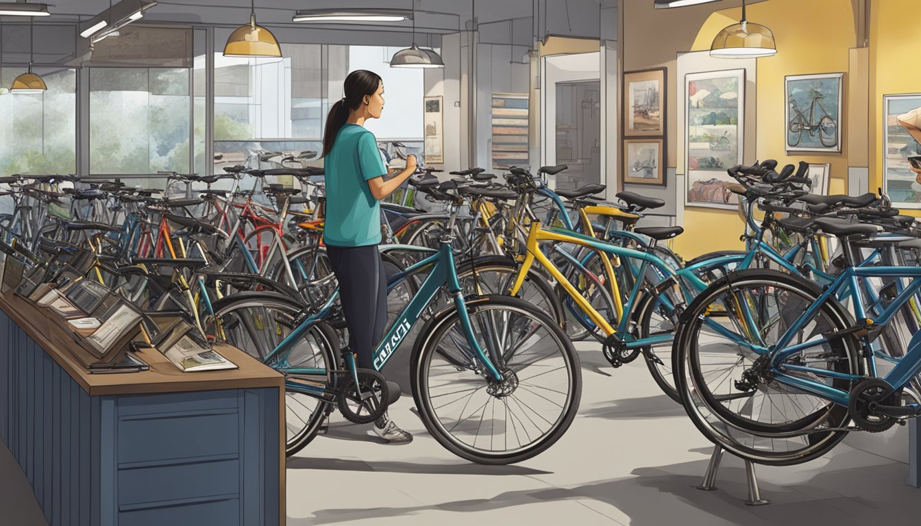 A customer browsing through a selection of Raleigh bikes at a bike shop in Singapore, carefully examining the different models and features