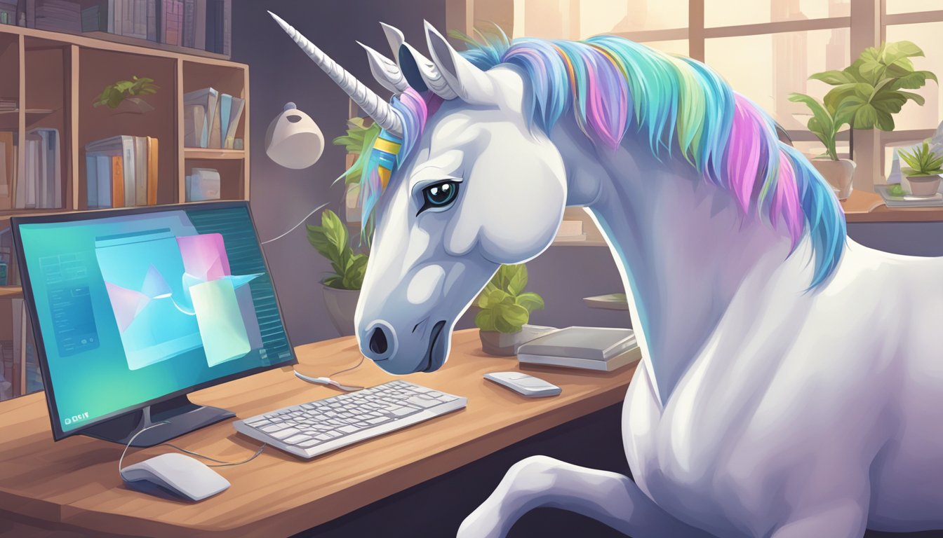 A unicorn browsing a computer, selecting and purchasing items online