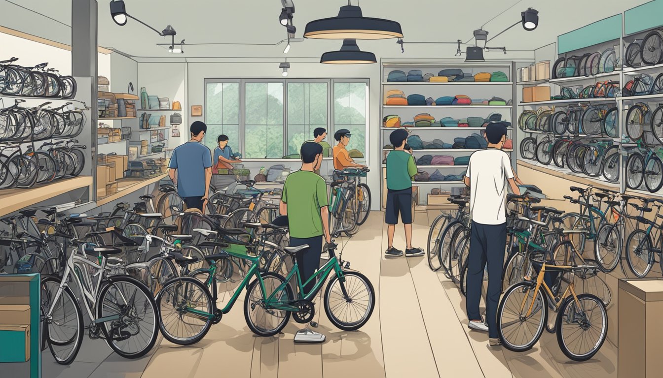 A bike shop in Singapore with a display of Raleigh bikes, customers browsing, and a salesperson assisting