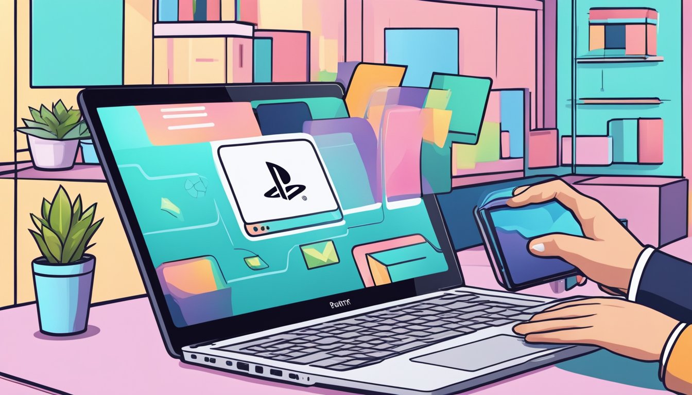 A hand reaches for a PS4 Slim on a laptop screen, with a seamless online shopping experience depicted through a smooth and efficient process