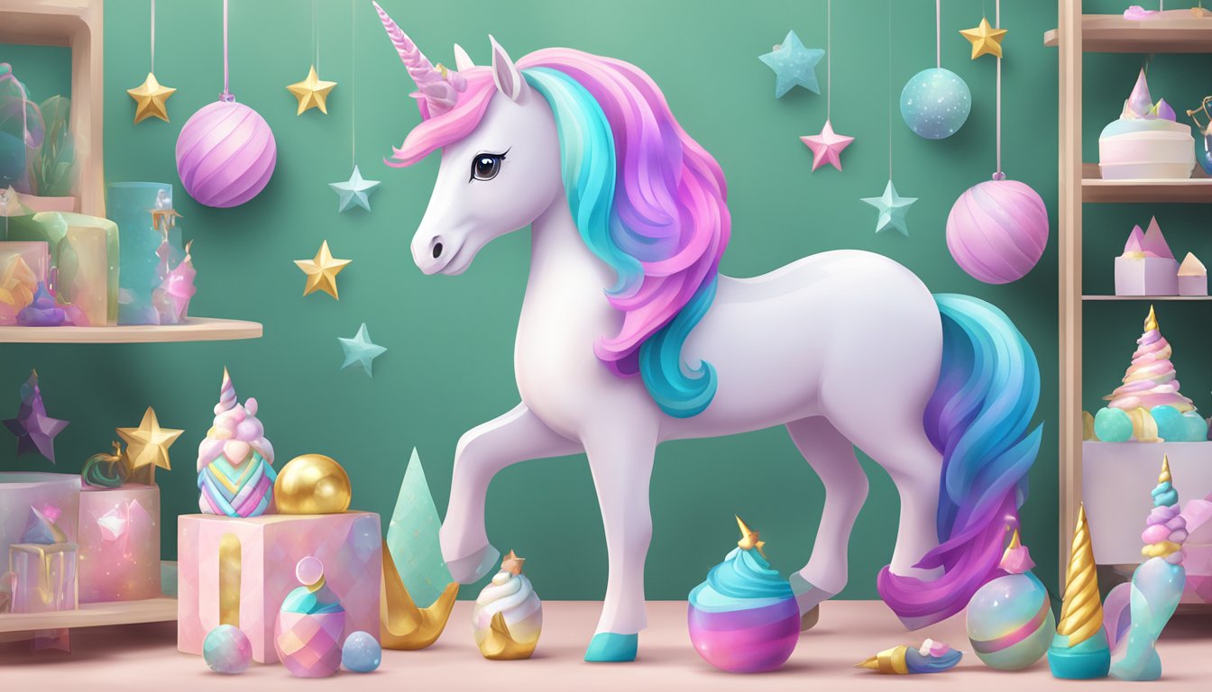 A collection of magical unicorn toys and accessories displayed for online purchase