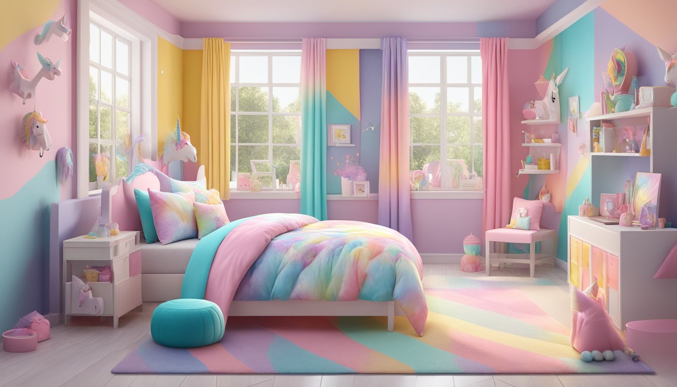 A colorful unicorn-themed room with unicorn decor, bedding, and custom unicorn accessories. Online shopping website displayed on a computer screen