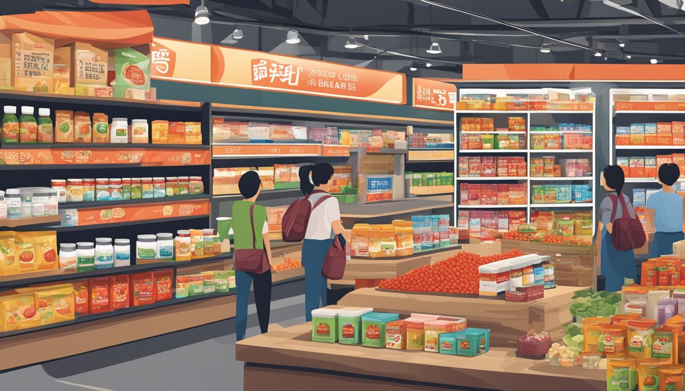 A bustling Singaporean marketplace displays Goji Cream on shelves, with vibrant packaging and promotional signs catching the eye of passersby