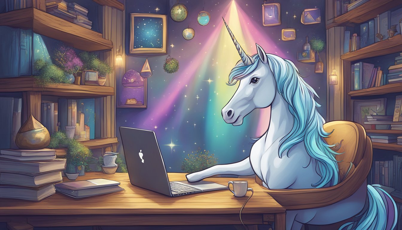 A unicorn browsing online FAQ, with a computer screen showing "Frequently Asked Questions" and a magical, whimsical atmosphere