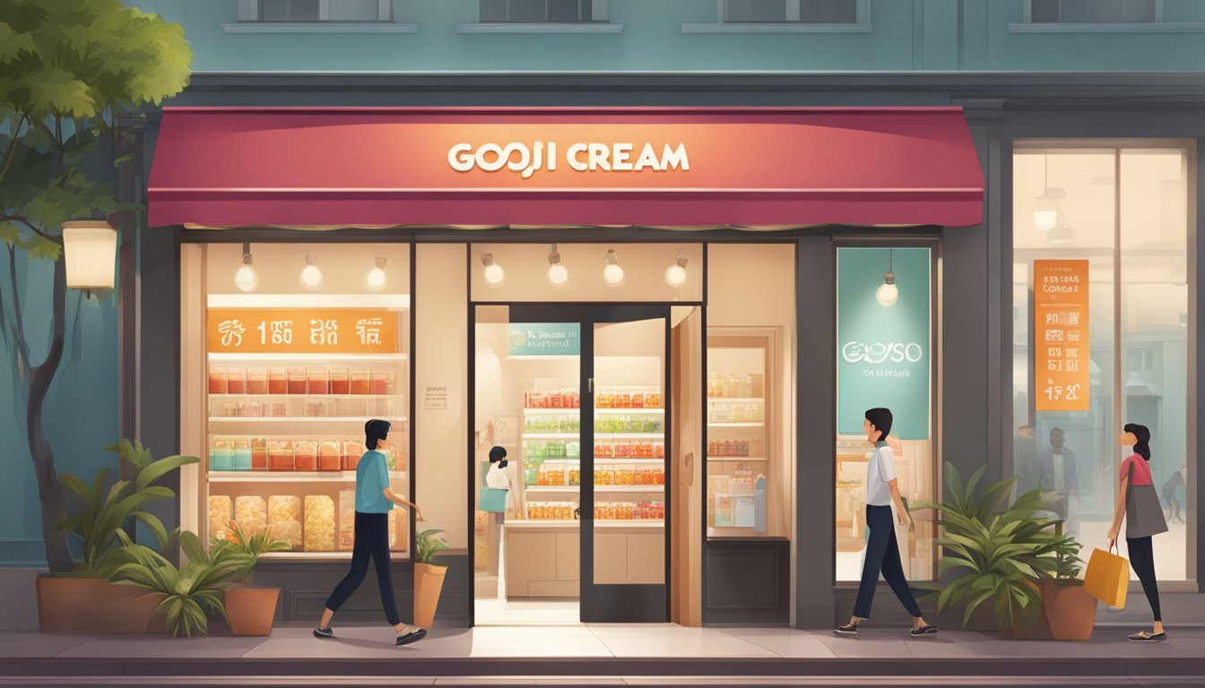 A bright, modern storefront in Singapore with a prominent sign reading "Goji Cream Available Here." Customers entering and exiting the store with satisfied expressions